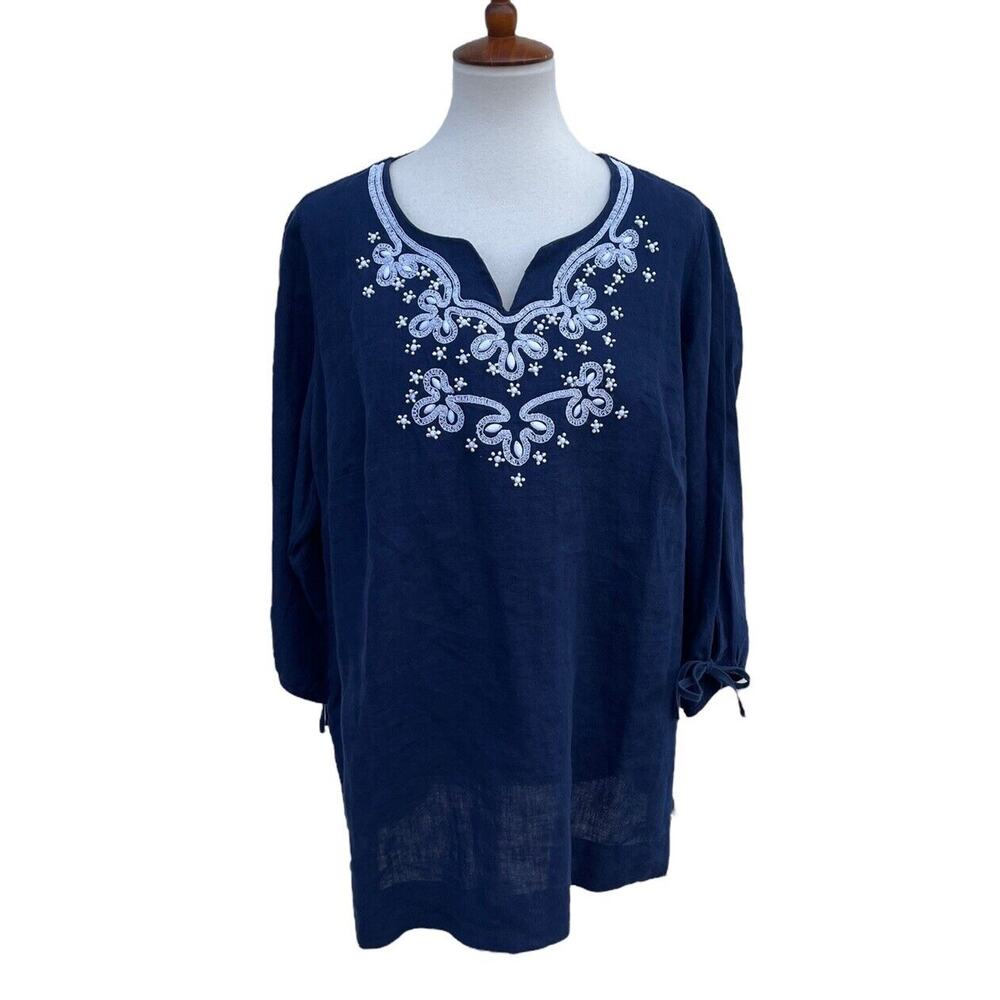 JM Collection NWT Isla Paradiso Women's Navy Blue 100% Linen Blouse Size 16W